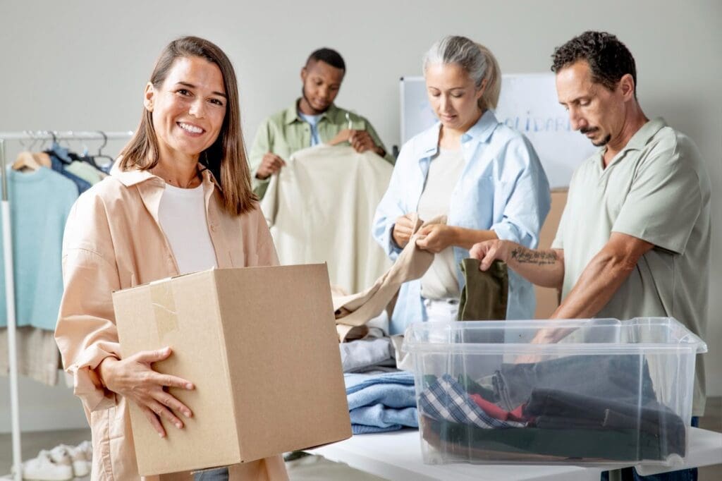 A group of people sorting clothes for a charitable cause