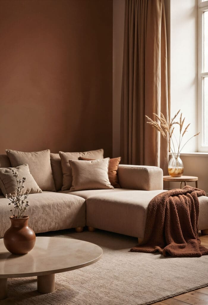 A beautifully designed living room with a warm beige and brown aesthetic, featuring a beige sofa, carpet, and center table, complemented by brown walls, curtains, and a decorative vase. The elegant and cozy space of a lease to own home in Raleigh that offers comfort and stability for aspiring homeowners.