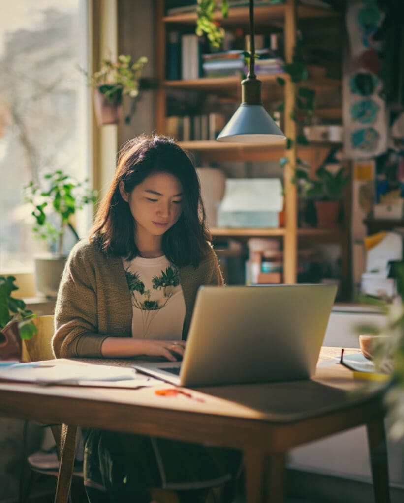 A woman focusing on her work while using her laptop at home, immersed in her task. The serene and beautiful background enhances the calm and productive atmosphere in her lease to own home in Raleigh NC.