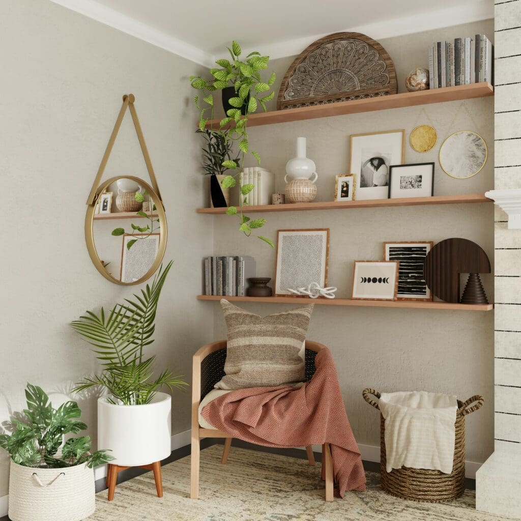 An aesthetic reading corner nook with a cozy chair, soft lighting, and neatly arranged books and frames, creating a warm and inviting atmosphere. This beautifully designed area is perfect for relaxation and shows the comfort of a lease-to-own home.