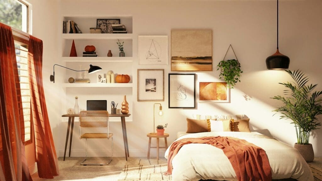 A cozy and beautifully designed bedroom with a warm sunset ambiance, featuring a bed on the right, a study table on the left, aesthetic picture frames on the wall, and potted plants of varying sizes. This inviting space shows the comfort and style that lease to own homes offer.