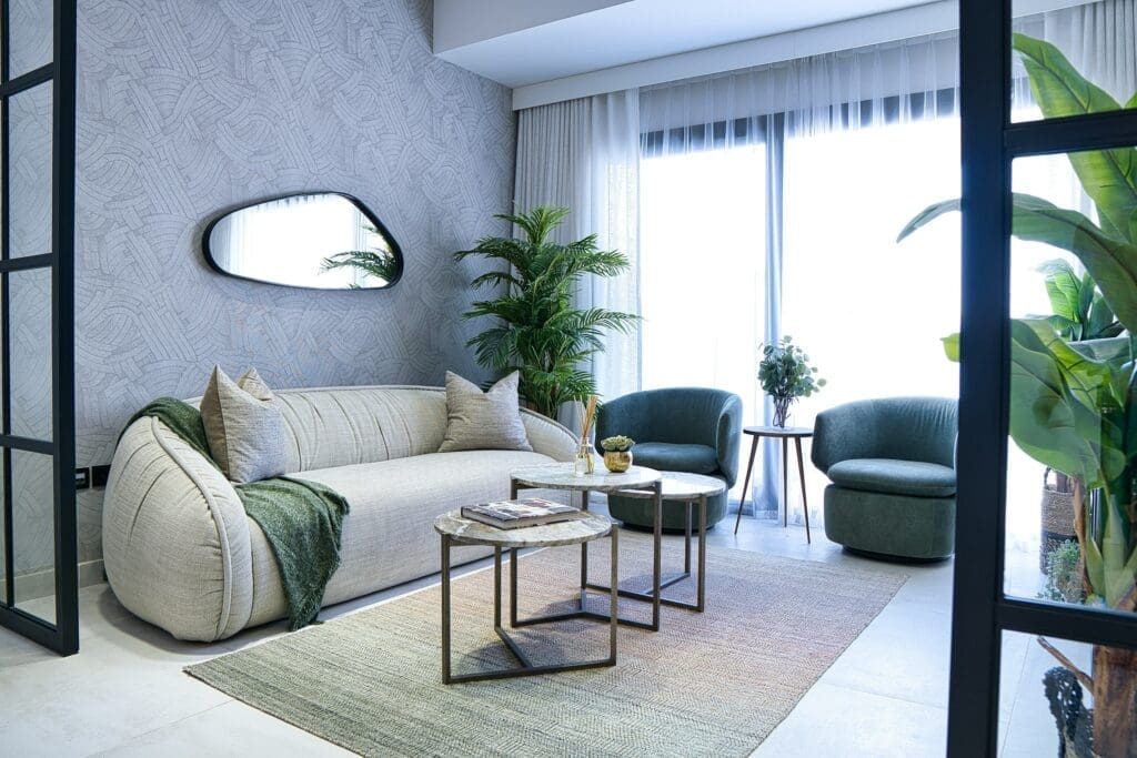 Elegant living room setup featuring soft textures and thoughtful decor, showcasing the comfort and flexibility that comes with lease to own Raleigh options.