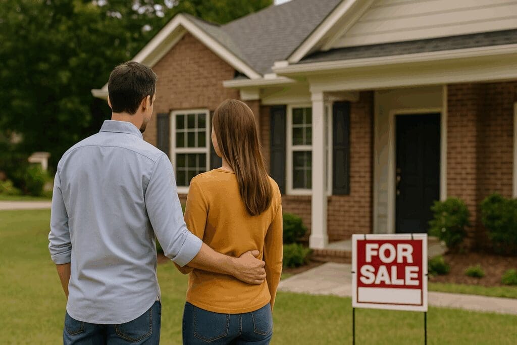 Self-employed homebuyers in Raleigh touring available homes for sale, exploring lease-to-own options during a market shift with increased inventory.