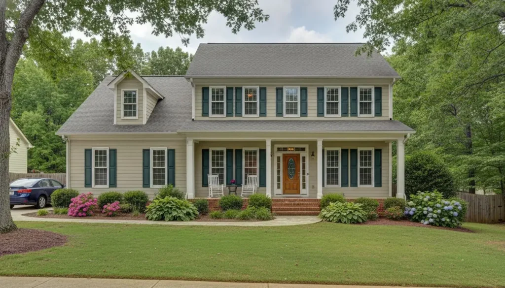 Beautiful suburban house with manicured lawn, front porch, and classic shutters — ideal for families exploring lease to own homes in North Carolina and looking for long-term homeownership opportunities.