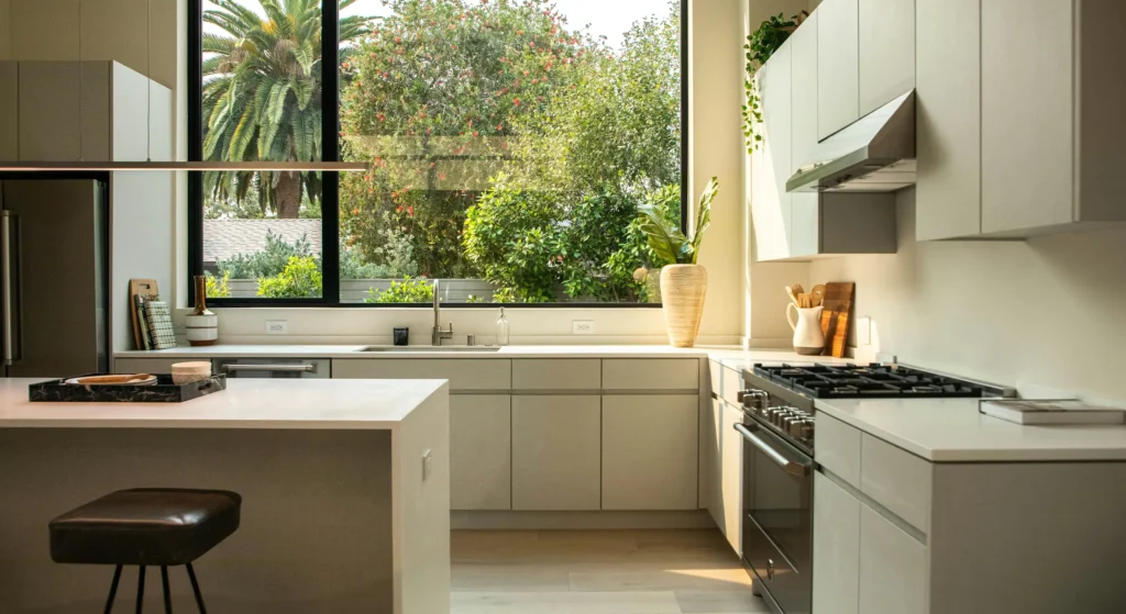 bright kitchen with substantial picture window offering a view of trees—typical of homes for sale Charlotte NC with lease to own options for growing families