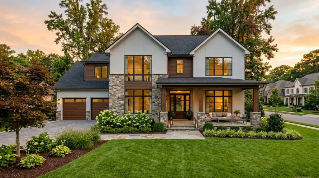 Modern front facade of a lease to own home in North Carolina, representing stability and the path to homeownership