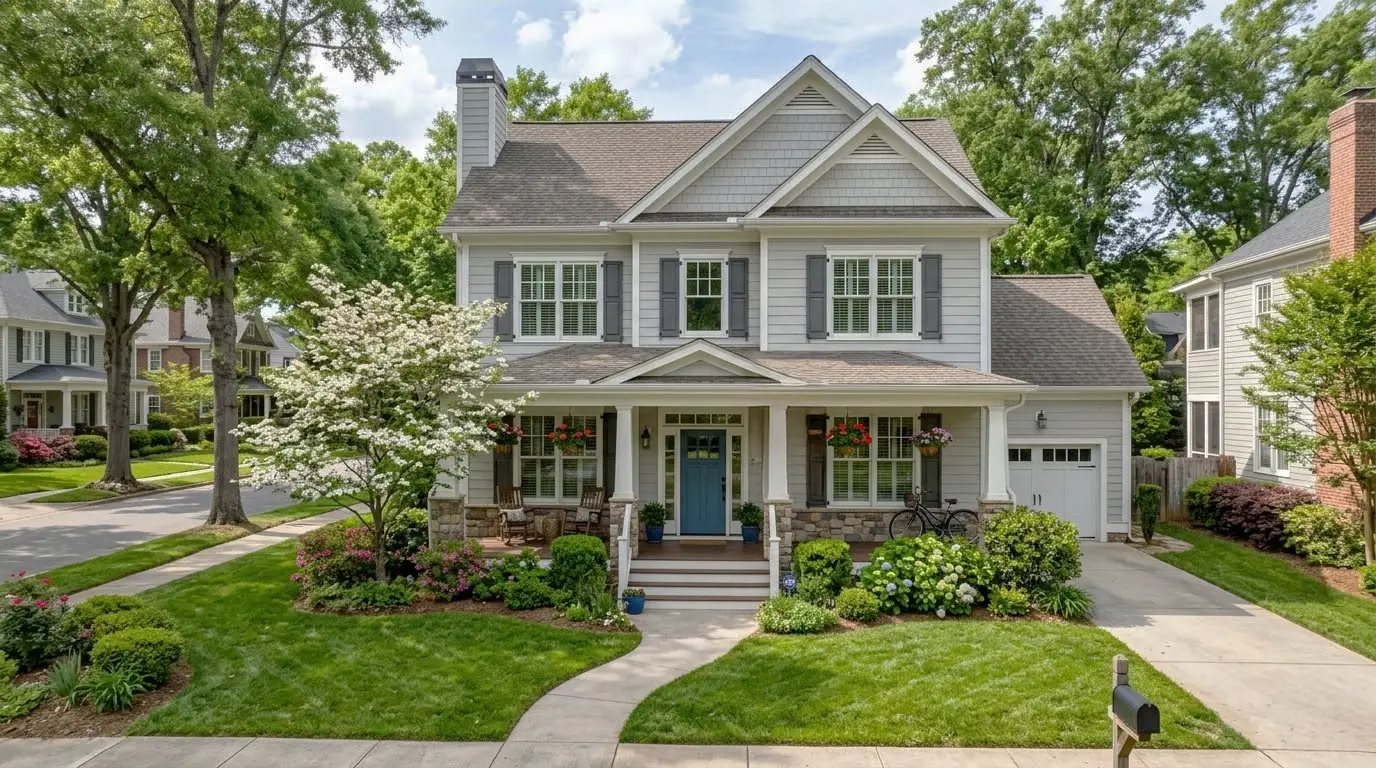 Modern home exterior in North Carolina suitable for lease to own programs, with attractive facade and well-maintained yard