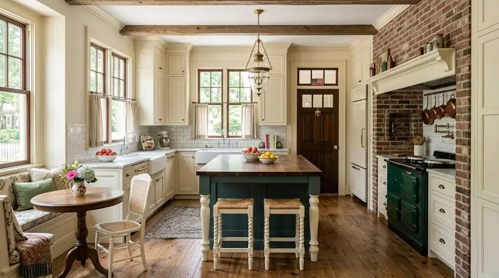 Bright, spacious Lease to Own North Carolina kitchen with farmhouse sink, brick accents, and center island, representing the comfort and stability families can achieve through lease to own home programs while building their credit score toward long-term homeownership.
