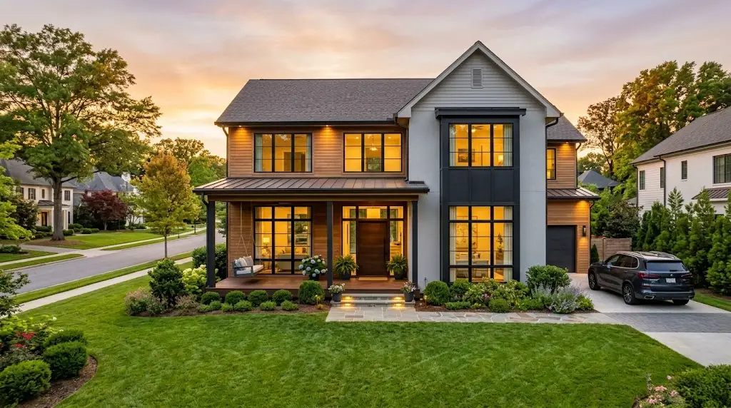 Modern front exterior of a lease to own home in North Carolina during golden hour, representing stability and homeownership