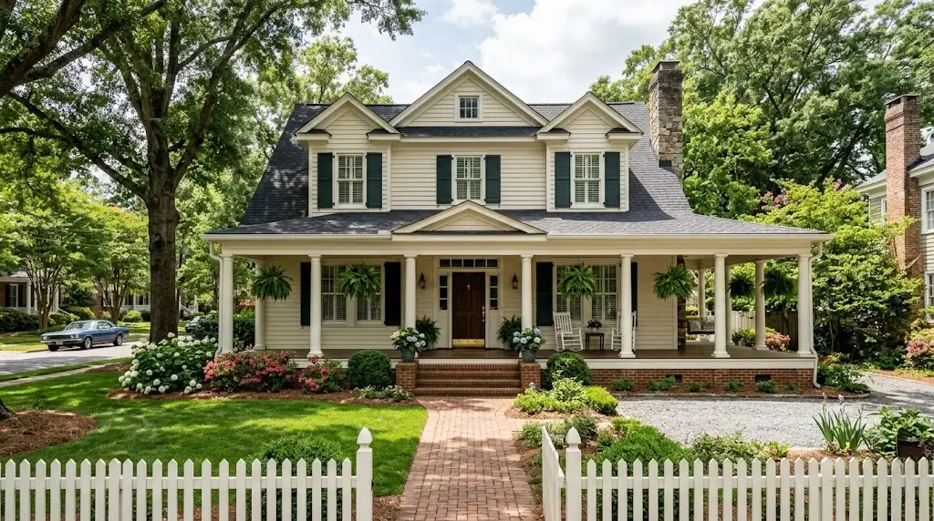 Beautiful two-story Lease to Own North Carolina home with wraparound porch and landscaped front yard, ideal for families exploring lease to own opportunities and improving their credit score to achieve homeownership.