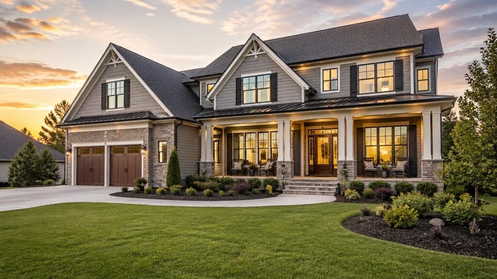 Modern front exterior of a lease to own home in North Carolina at golden hour, representing clarity and stability in homeownership decisions