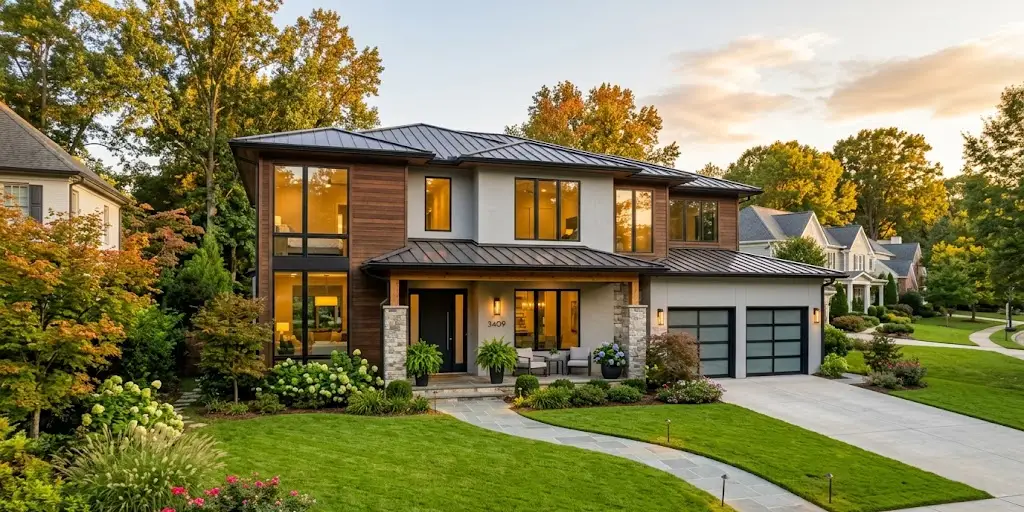 Modern front exterior of a lease to own home in North Carolina at golden hour, representing a clear path to homeownership