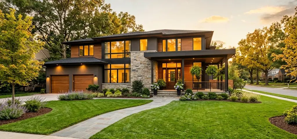 Modern front exterior of a lease to own home in North Carolina at golden hour, representing thoughtful planning and stability