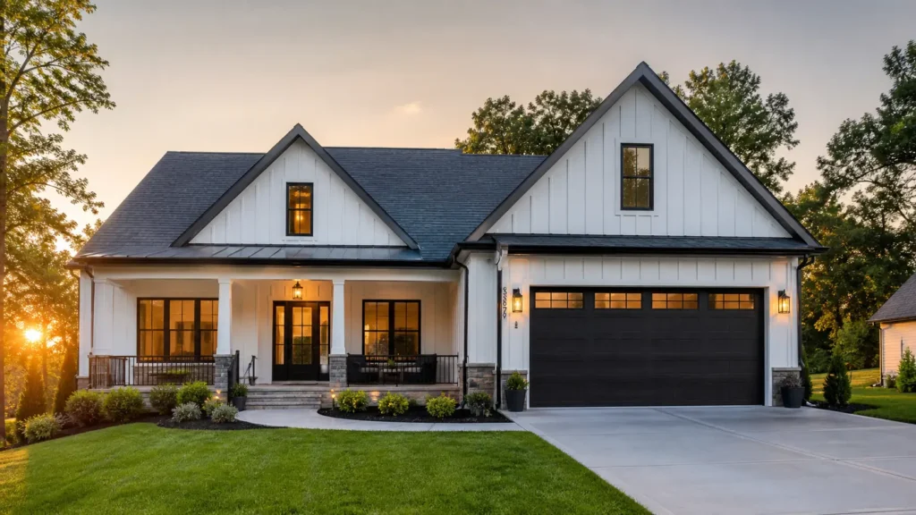 Modern front exterior of a lease to own home in North Carolina at golden hour, representing the transition from renting to homeownership