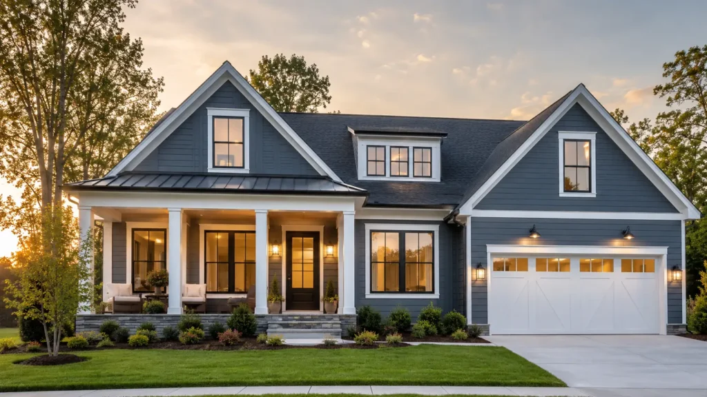 Modern front exterior of a lease to own home in North Carolina at golden hour, representing stability for relocating families
