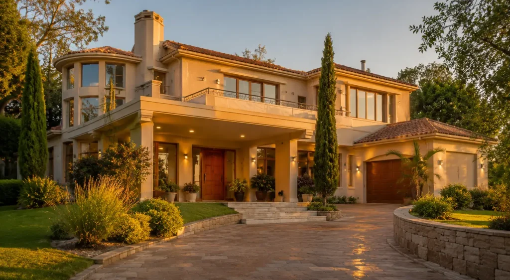 Exterior of a luxury rent to own Raleigh home at golden hour, representing premium lease to own options for relocating professionals