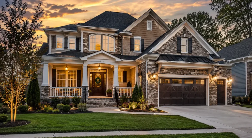 Exterior of a luxury rent to own Charlotte home at golden hour, representing premium Queen City lease to own options for relocating professionals